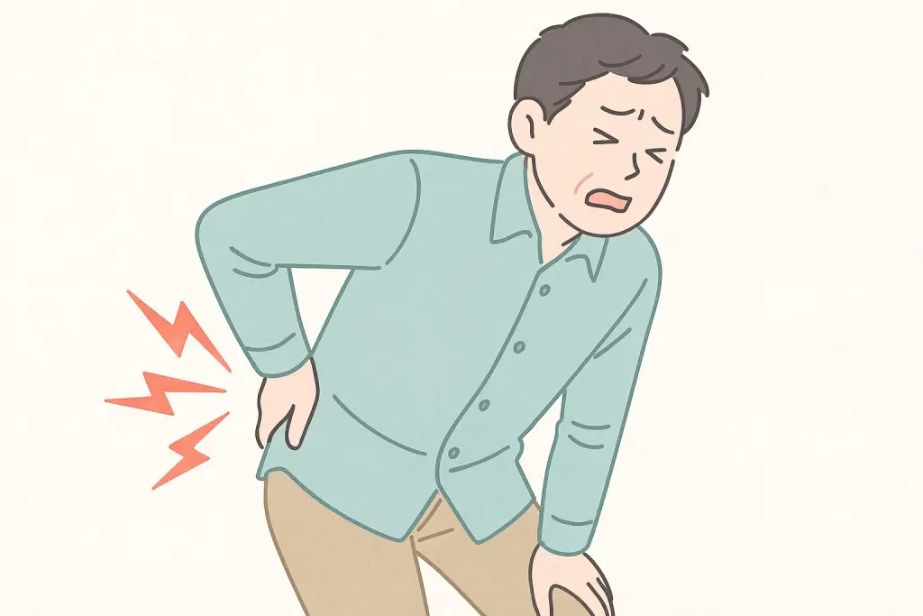 急な腰の痛みに苦しみ、動けなくなっている男性のイラスト